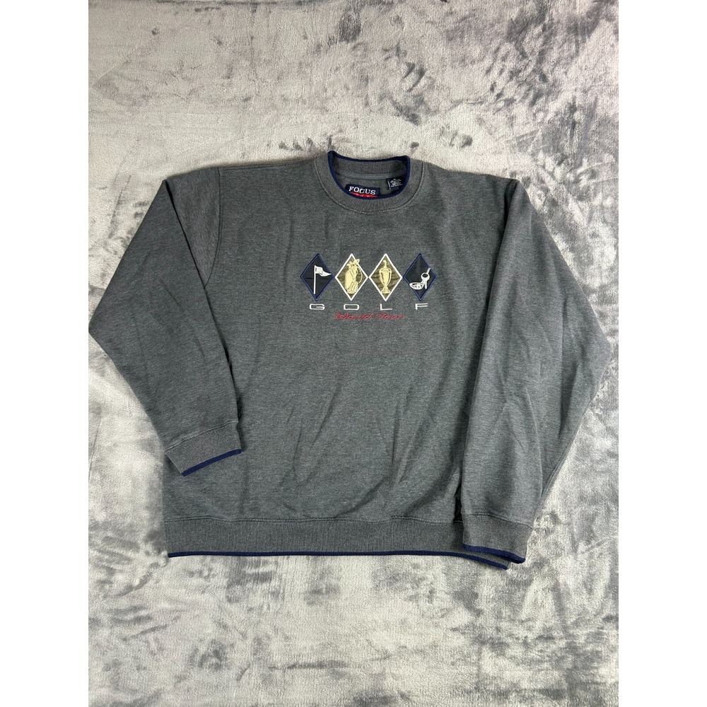 Vintage 90s Focus America‎ Golf Sweatshirt Men's XL Gray Embroidered World Tour